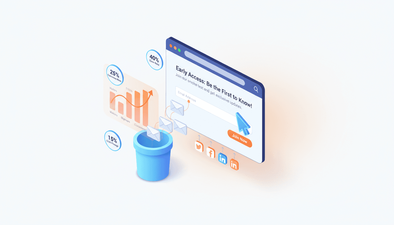 Landing page mockup with email signup form and analytics dashboard
